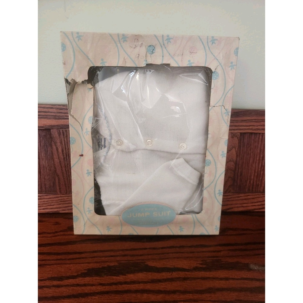 Vintage Baby Two Piece Jump Suit W Original Box White Made In Israel Friemanit